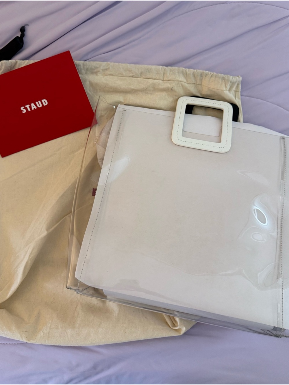 STAUD White and Black Clear PVC and Leather Square Handle Satchel